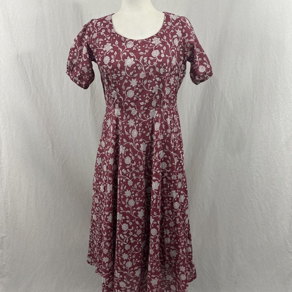 Suvasa Red Wine Hand Block Floral Print Cotton Dress Sz M Feminine Cottagecore